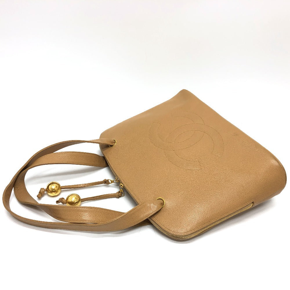 CHANEL Tote Bag Caviar skin beige Coco ball COCO Mark Women Used