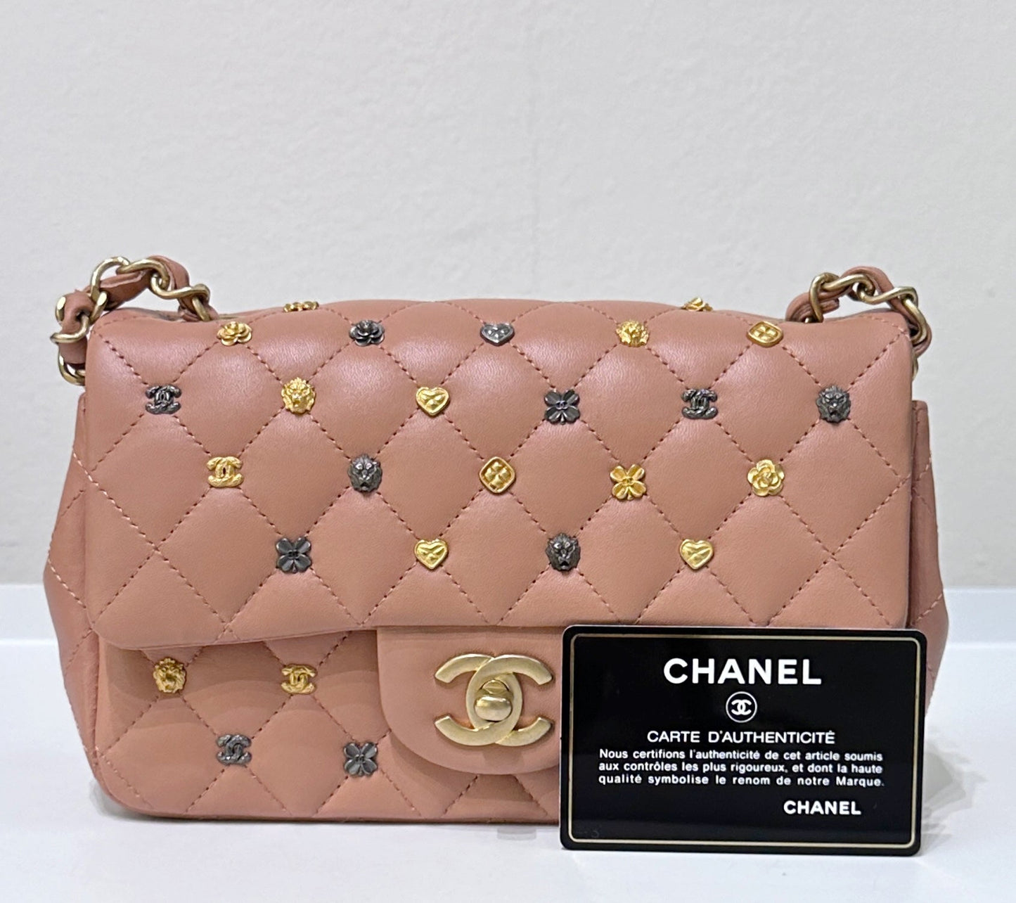 Authentic Chanel 2018 Blush Beige Mini Flap Bag with Lucky Charms Stud Embellishment