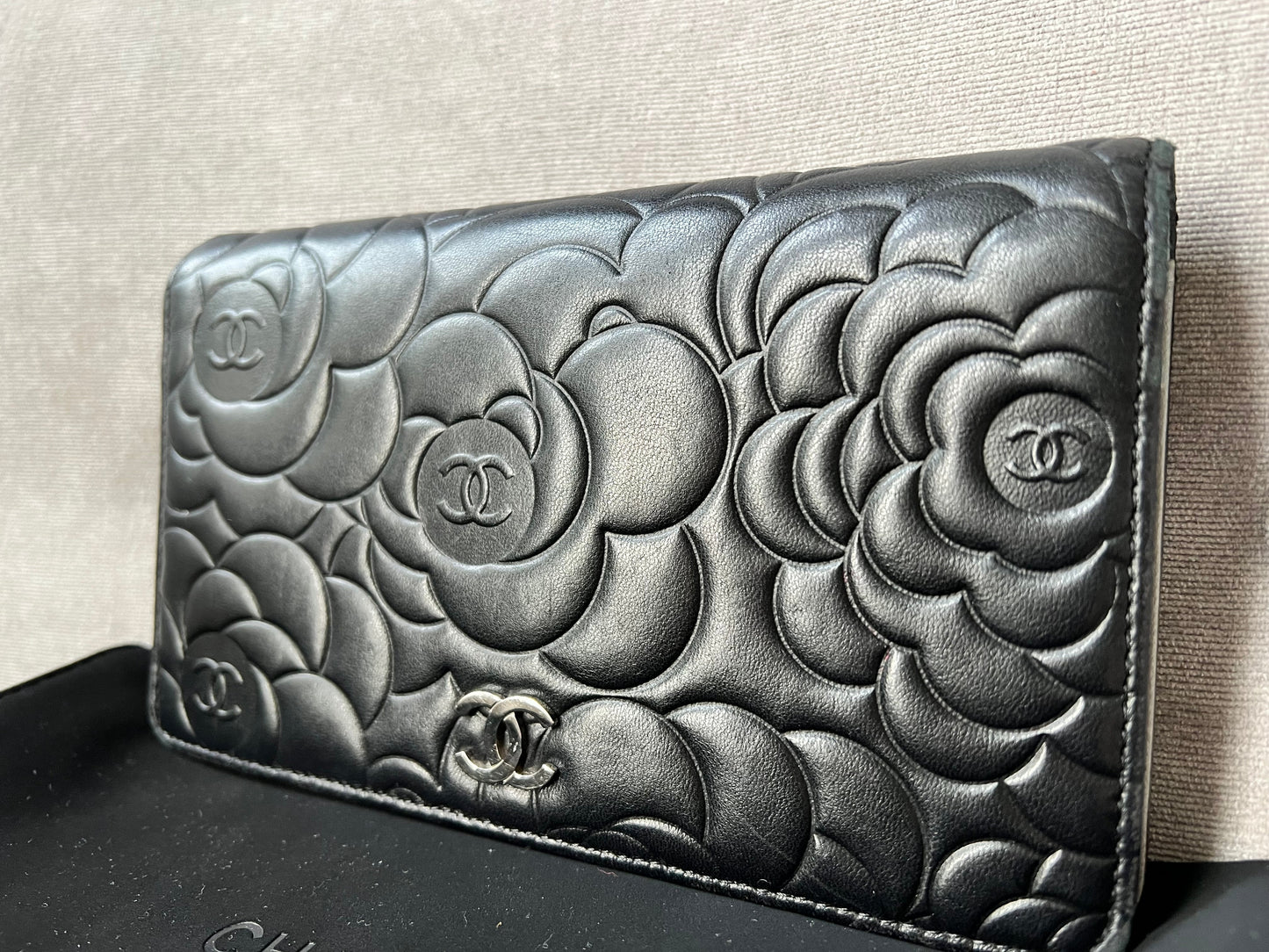 Chanel Black Lambskin Camellia Flap Wallet