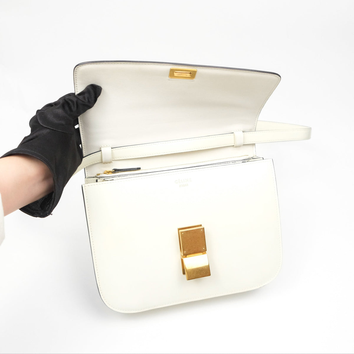 Celine Medium Classic Box Flap White Patent Gold Hardware