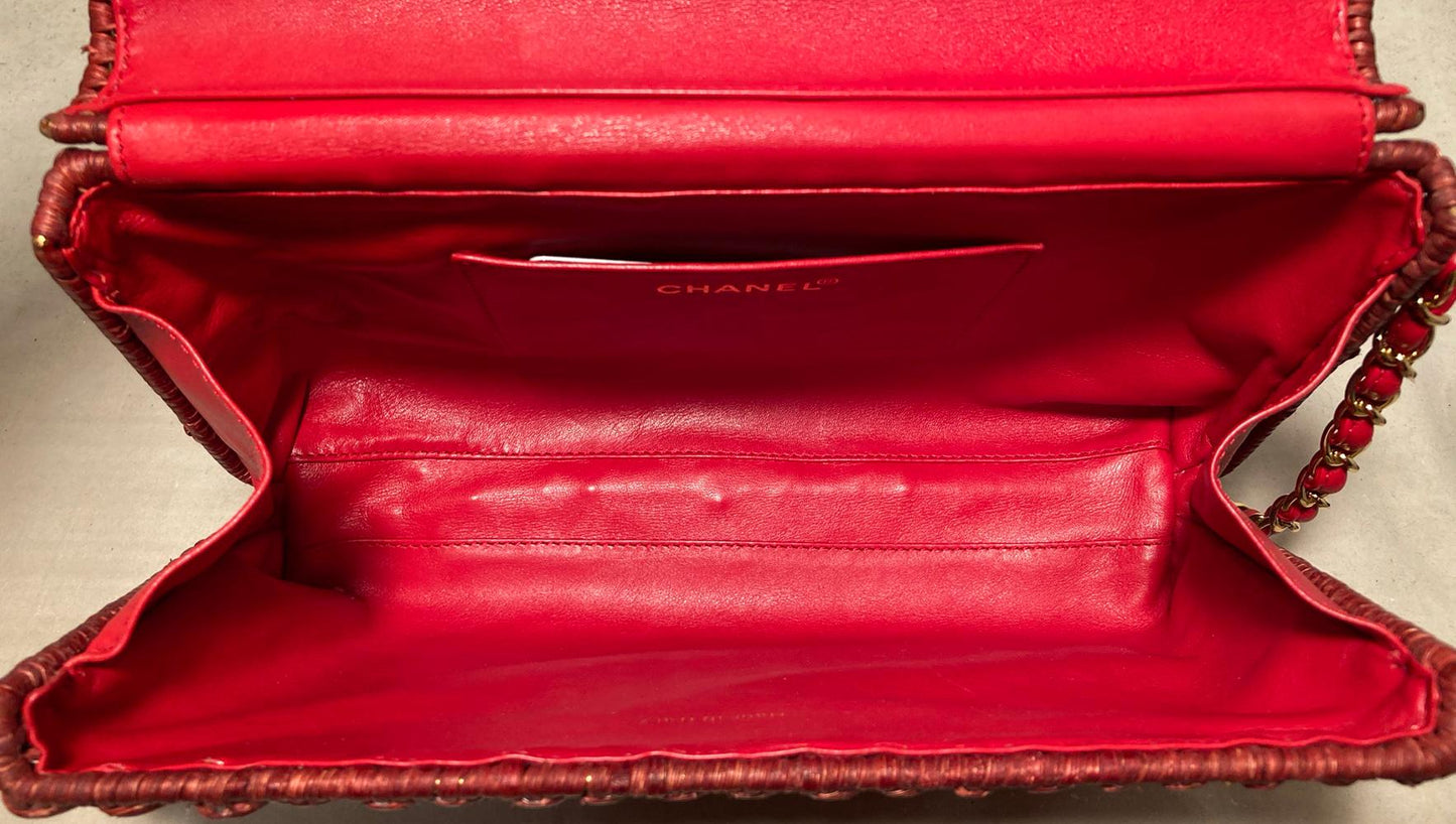 CHANEL Red Wicker Classic Flap Shoulder Bag