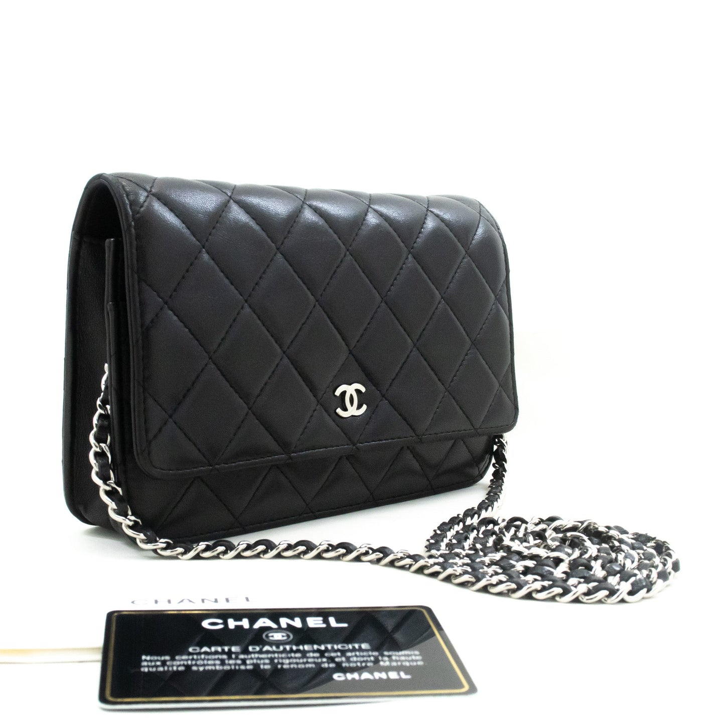 CHANEL Black Classic Wallet On Chain WOC Shoulder Bag Lambskin SV