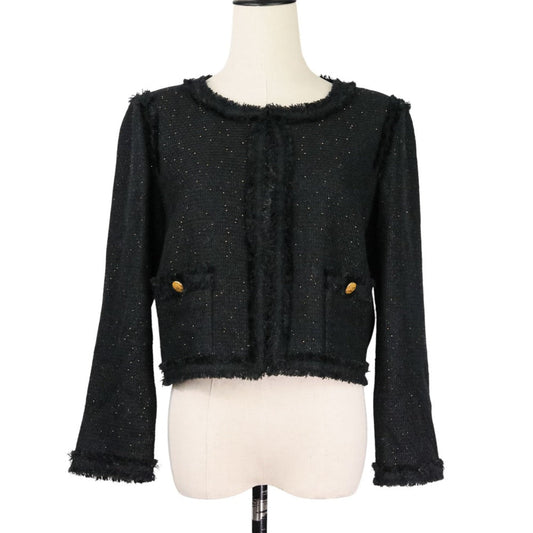 Chanel Coco Mark Button Tweed Collarless Short Jacket