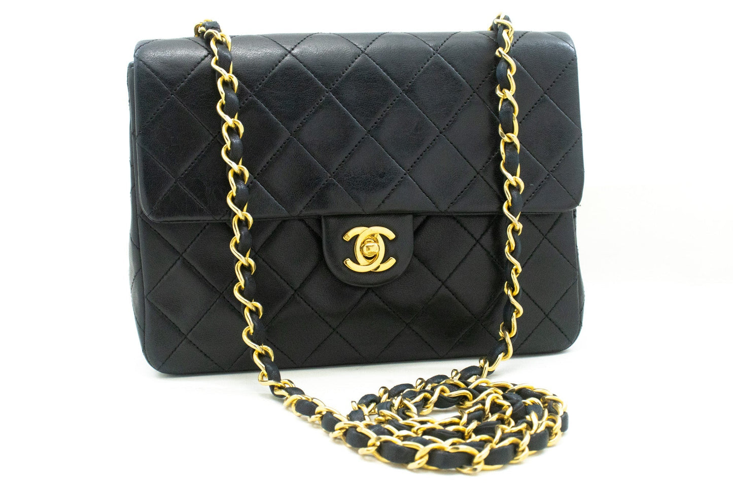 CHANEL Mini Square Small Chain Shoulder Bag Crossbody Black Lamb