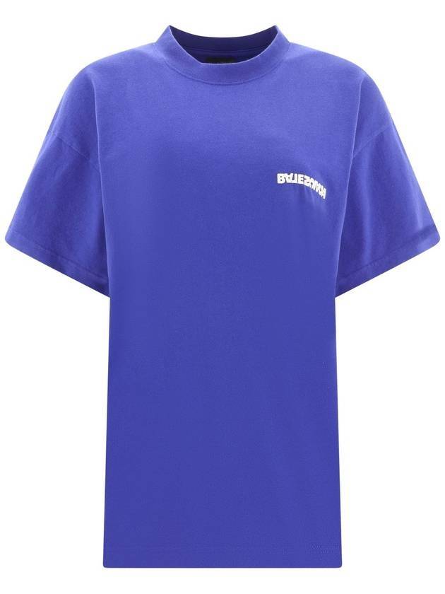 Luxury Balenciaga  Embroidered Logo Short Sleeve T-Shirt Blue