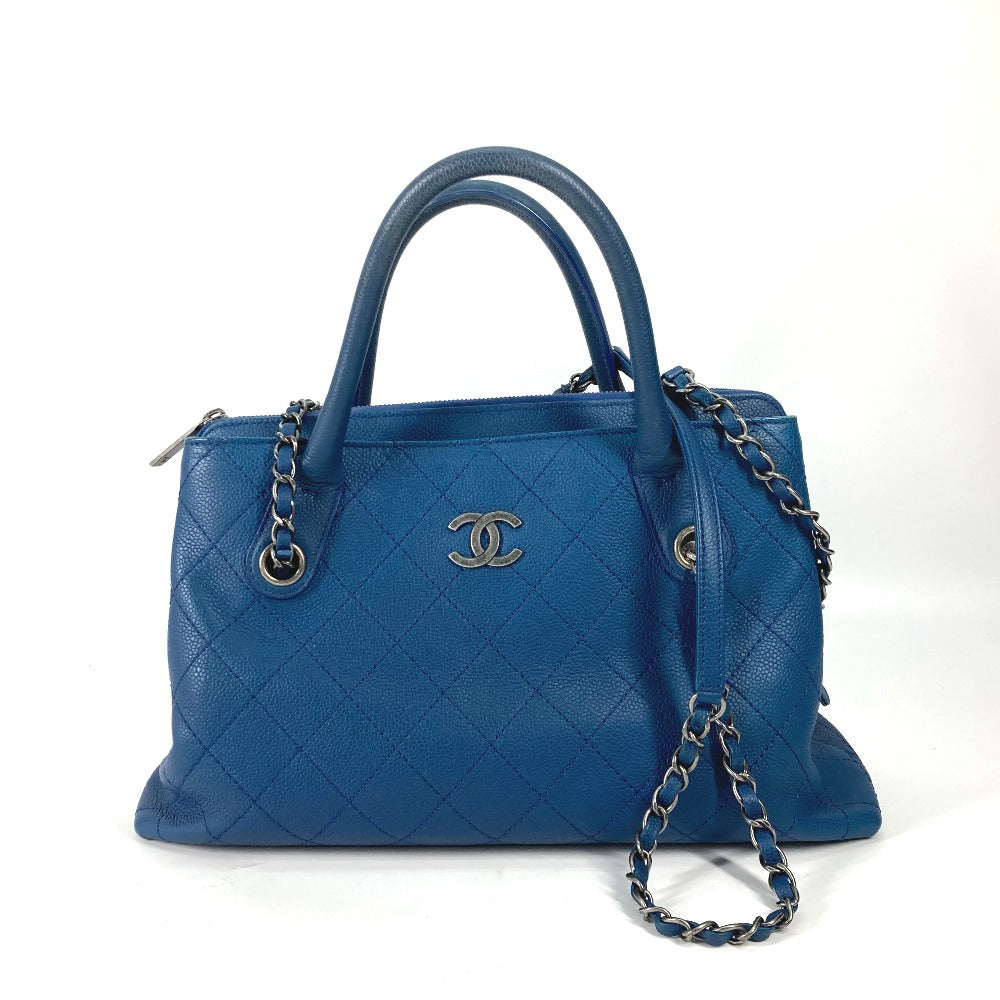 CHANEL Shoulder Bag Caviar skin blue Tote Bag Handbag CC COCO Mark Matelasse Quilting Women Used