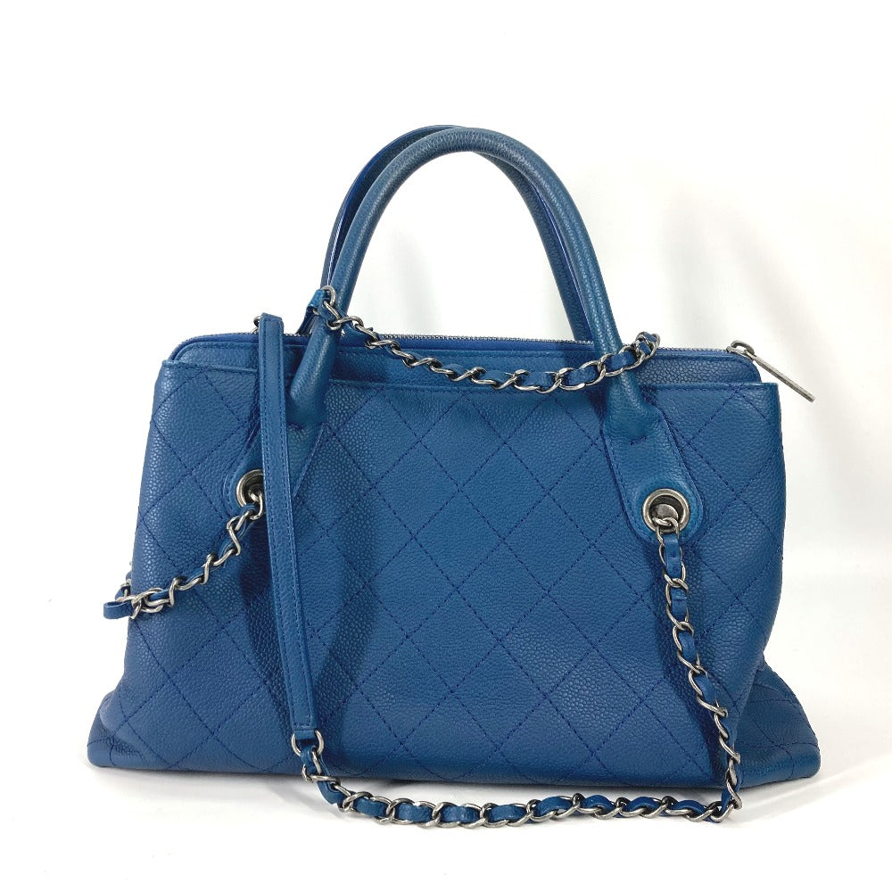 CHANEL Shoulder Bag Caviar skin blue Tote Bag Handbag CC COCO Mark Matelasse Quilting Women Used