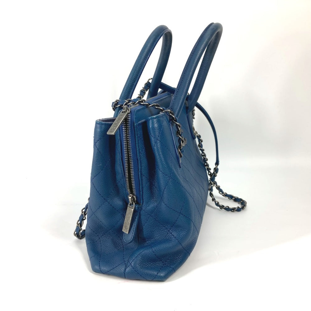 CHANEL Shoulder Bag Caviar skin blue Tote Bag Handbag CC COCO Mark Matelasse Quilting Women Used