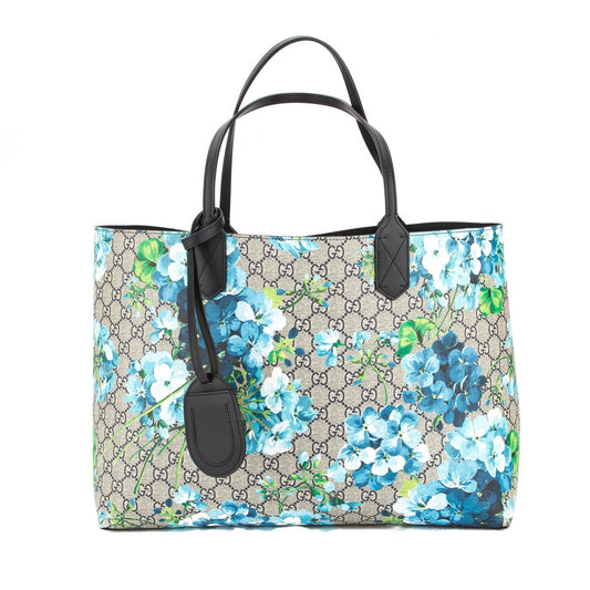 G*G Blue Leather Reversible GG Blooms Medium Tote (New with Tags)