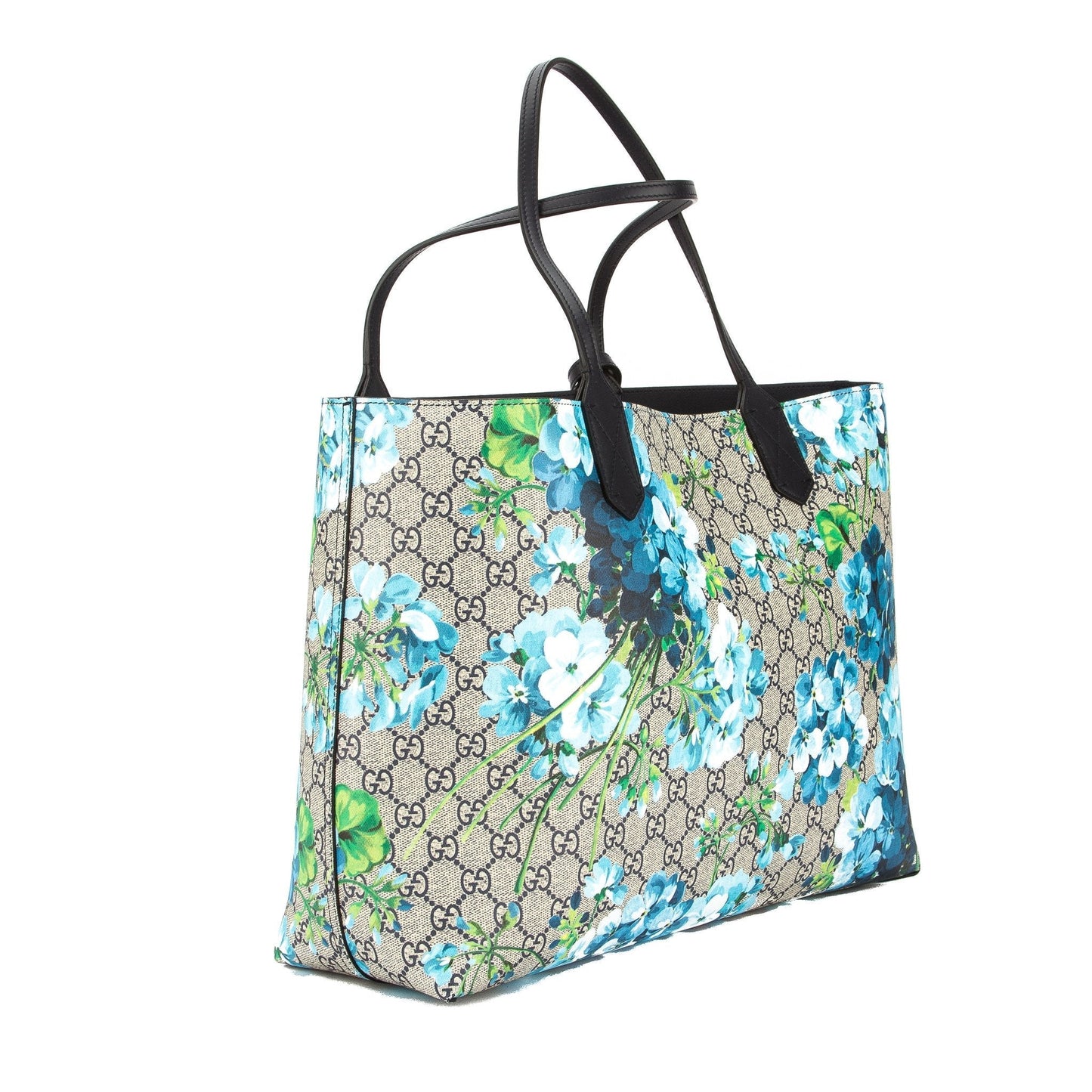 G*G Blue Leather Reversible GG Blooms Medium Tote (New with Tags)