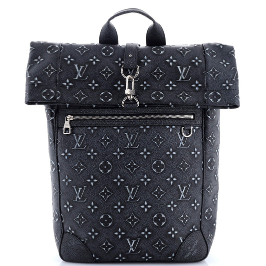 Roll Top Backpack Faded Monogram Debossed Leather