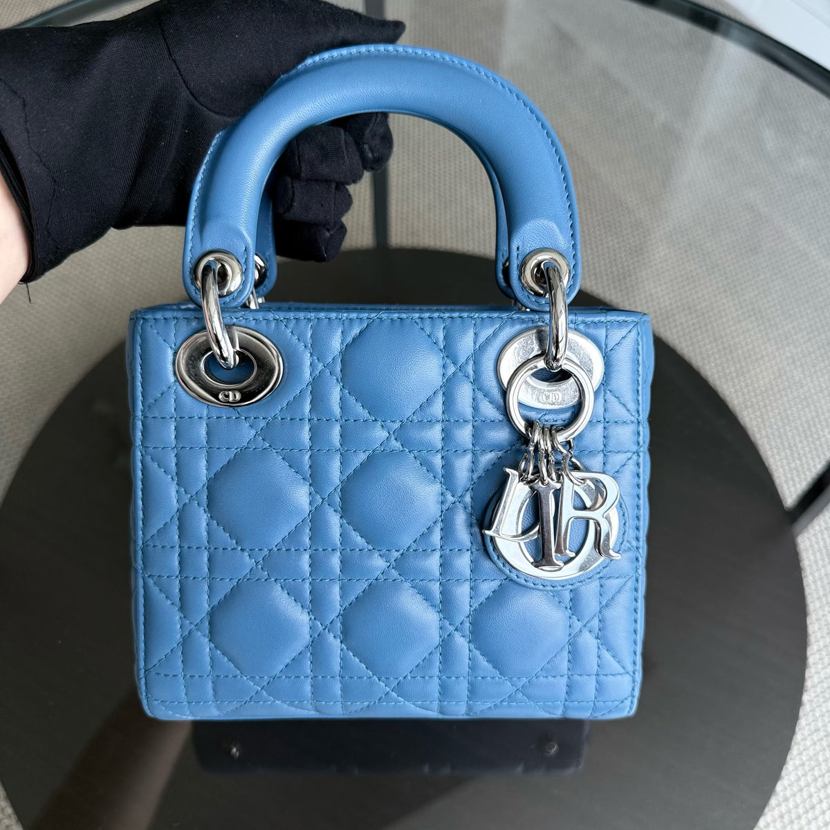Dior Lady Mini - Cannage Lambskin Blue Silver Hardware Adjustable Strap