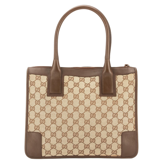 G*G Brown Leather GG Supreme Canvas Tote Bag (Pre Owned)