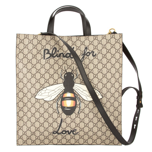 G*G Brown Leather Soft GG Supreme Canvas Bee Print Tote (New with Tags)