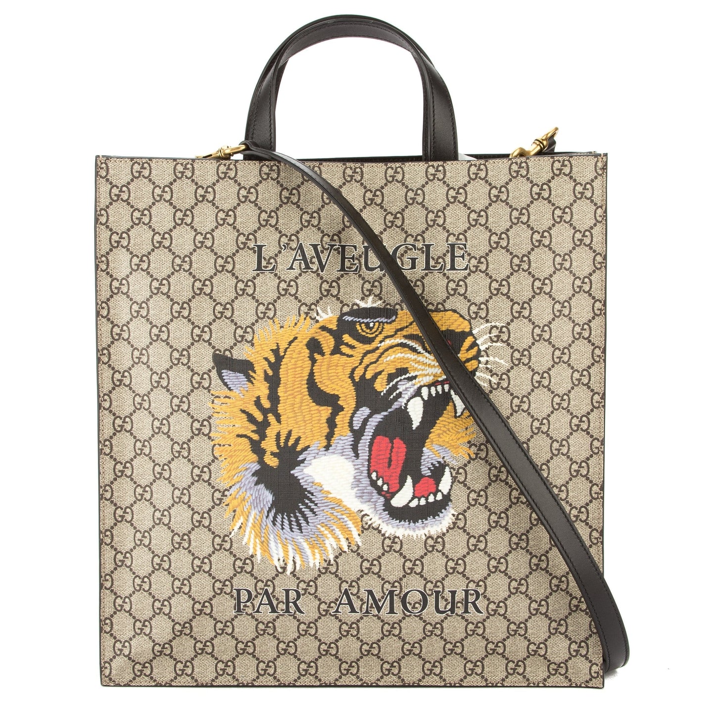 G*G Brown Leather Soft GG Supreme Canvas Tiger Print Tote (New with Tags)