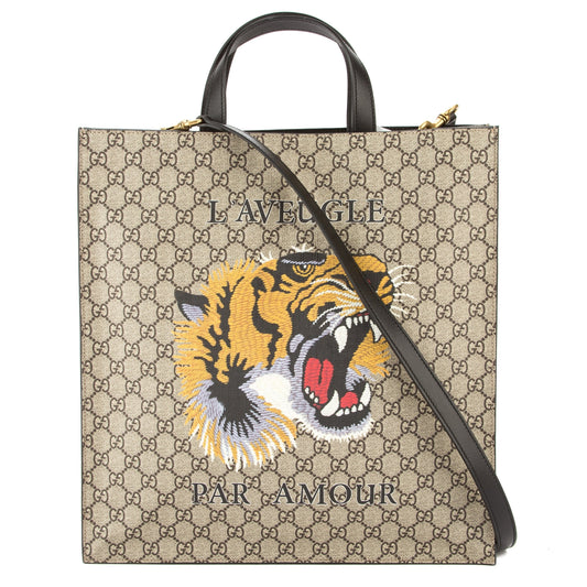 G*G Brown Leather Soft GG Supreme Canvas Tiger Print Tote (New with Tags)