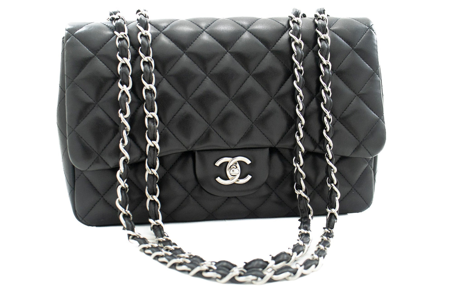 CHANEL Classic Large 11" Chain Shoulder Bag Flap Black Lambskin