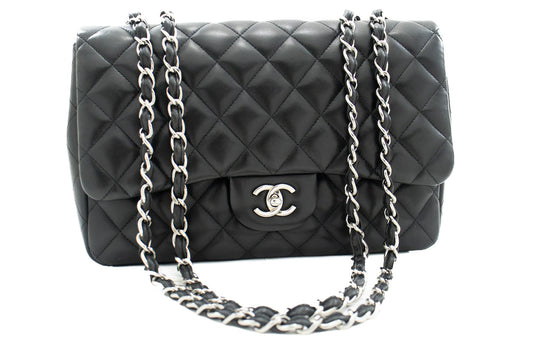 CHANEL Classic Large 11" Chain Shoulder Bag Flap Black Lambskin