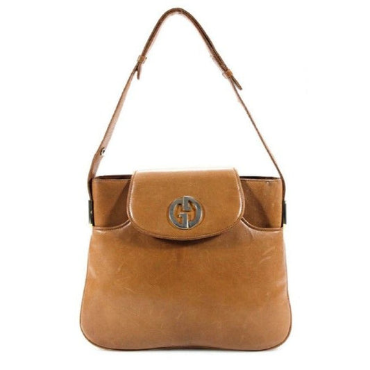 Gucci 1973 camel leather handbag w gold GG & lots of room