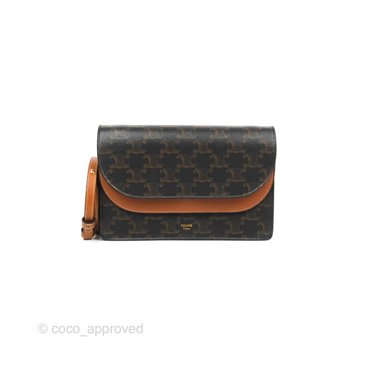 Celine Wallet On Strap Triomphe Canvas Tan Lambskin