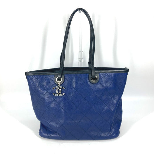 CHANEL Tote Bag Caviar skin Navy Comes with CC charm Matrasse quilting Women Used
