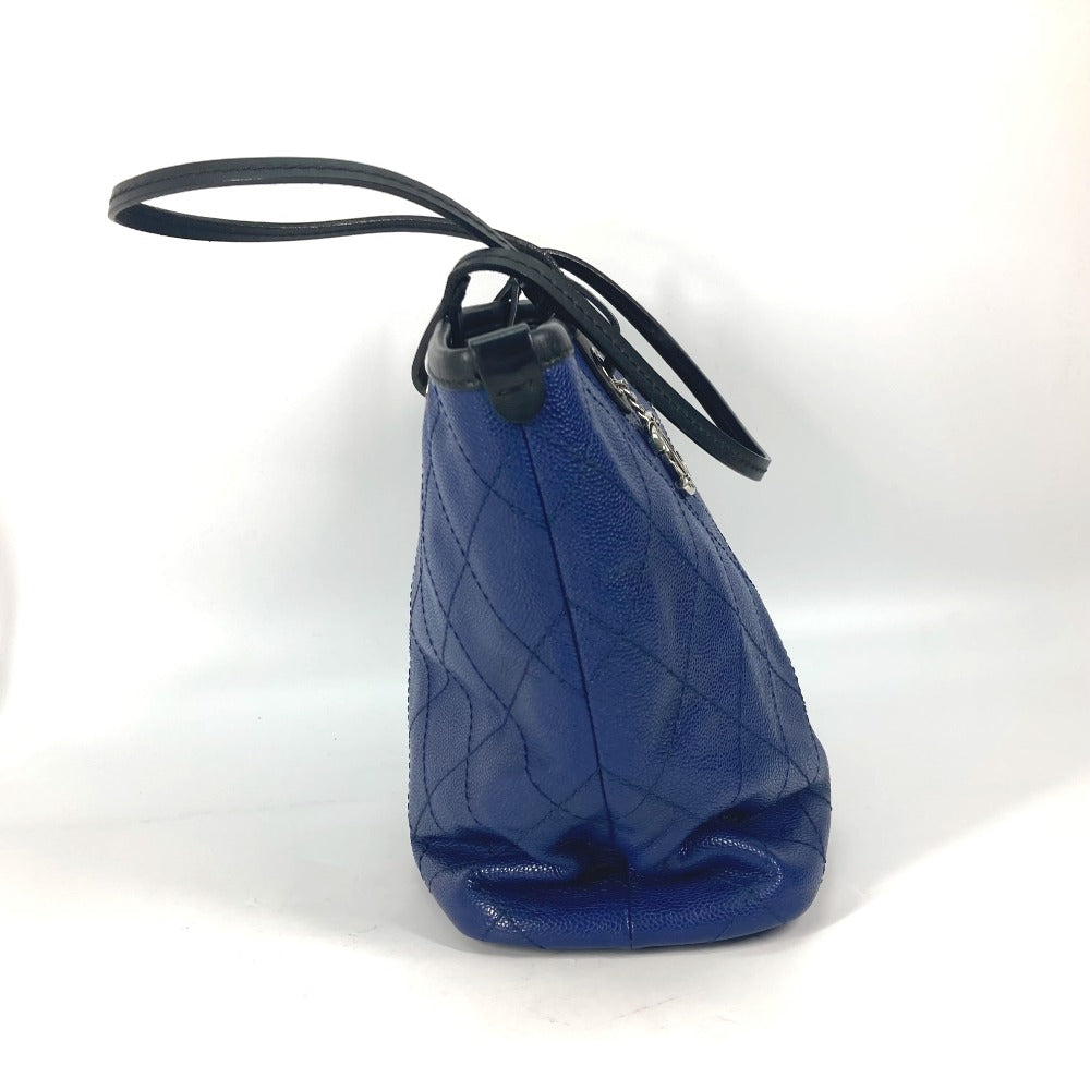 CHANEL Tote Bag Caviar skin Navy Comes with CC charm Matrasse quilting Women Used