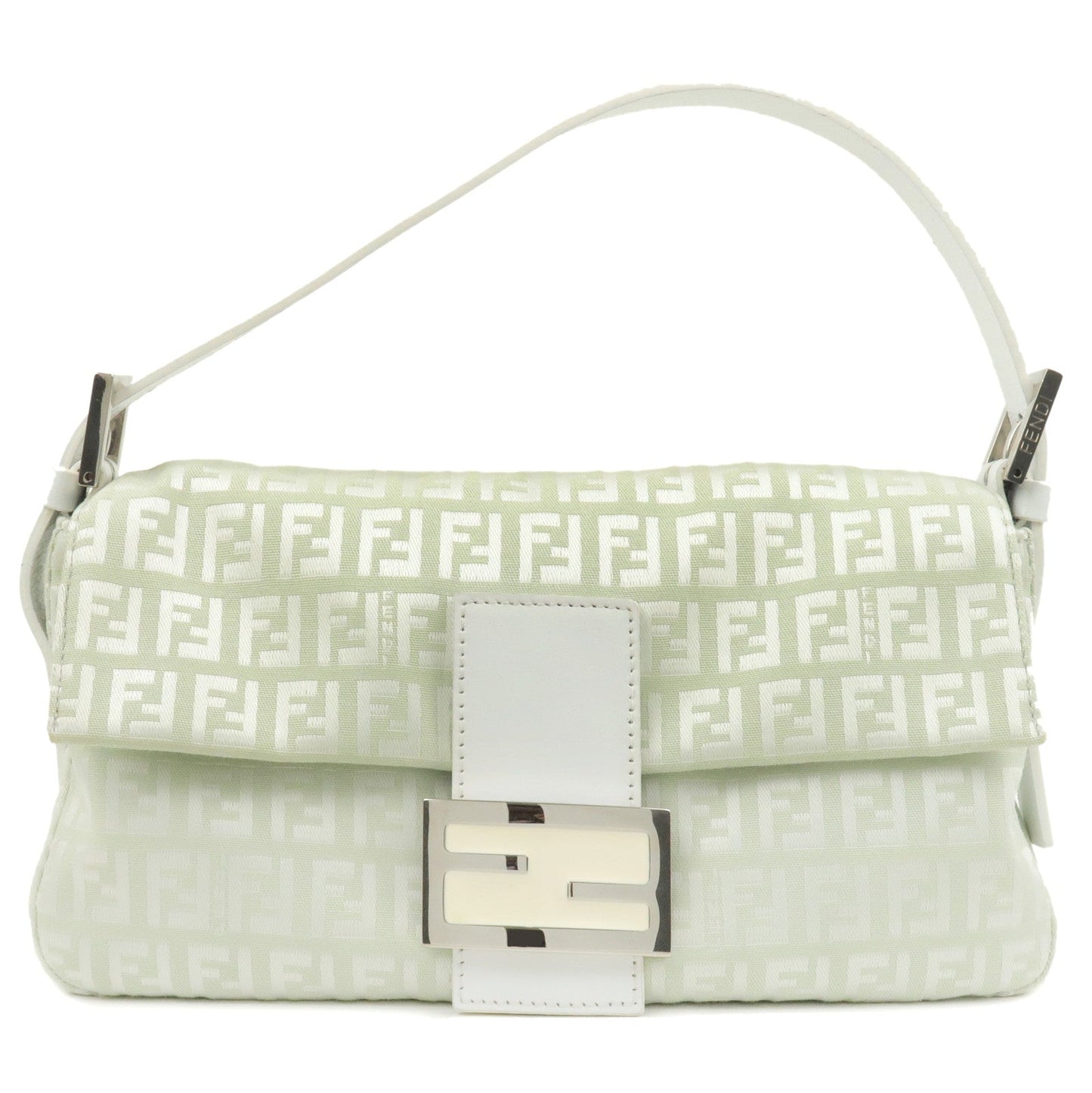 FENDI Zucchino Mamma Baguette Canvas Leather Bag White Green