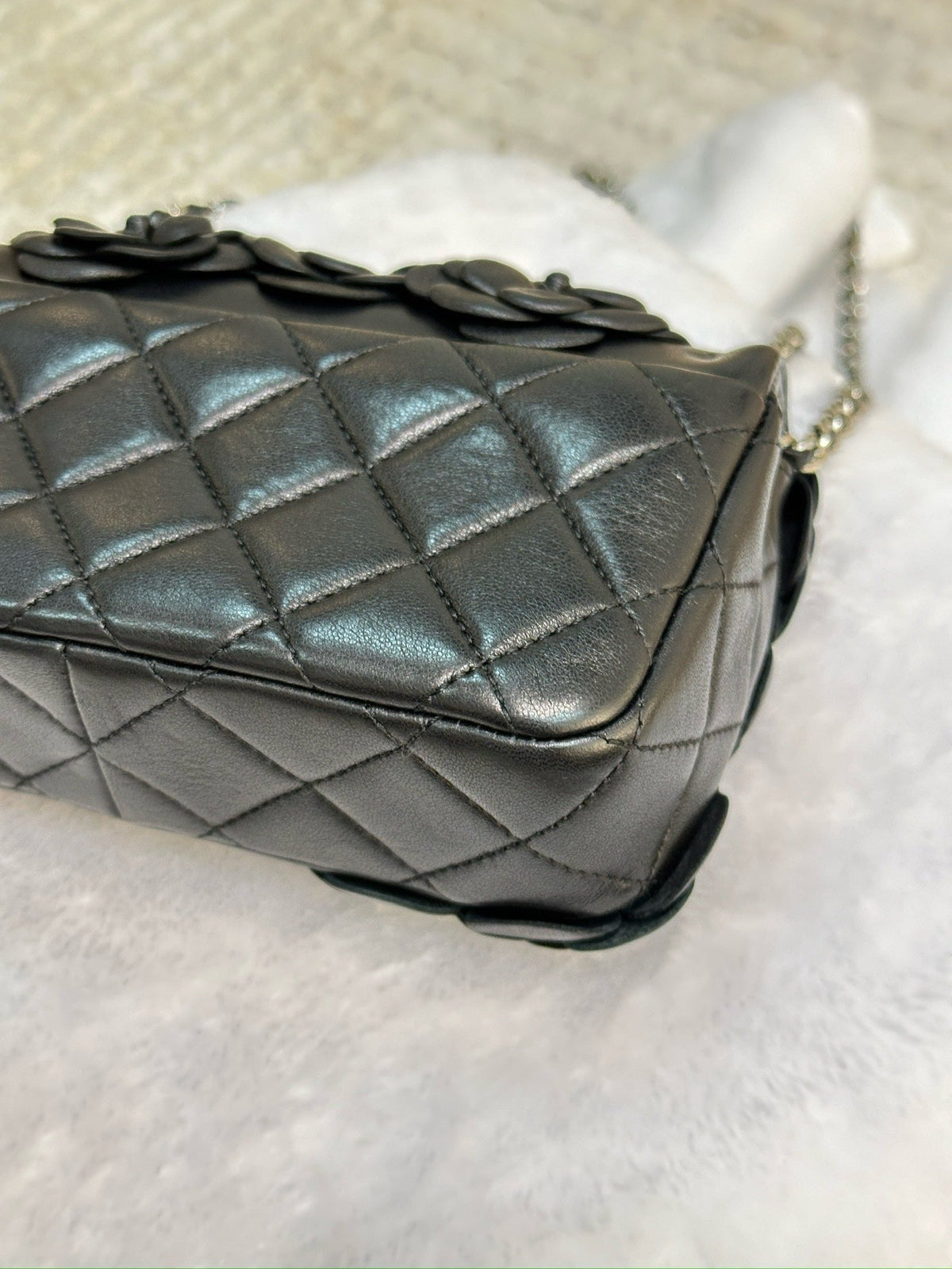 Chanel Mini Limited Edition Black Camellia  Lambskin Flap Bag