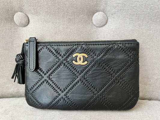 Chanel Black Lambskin Stitched Small Cosmetic Pouch