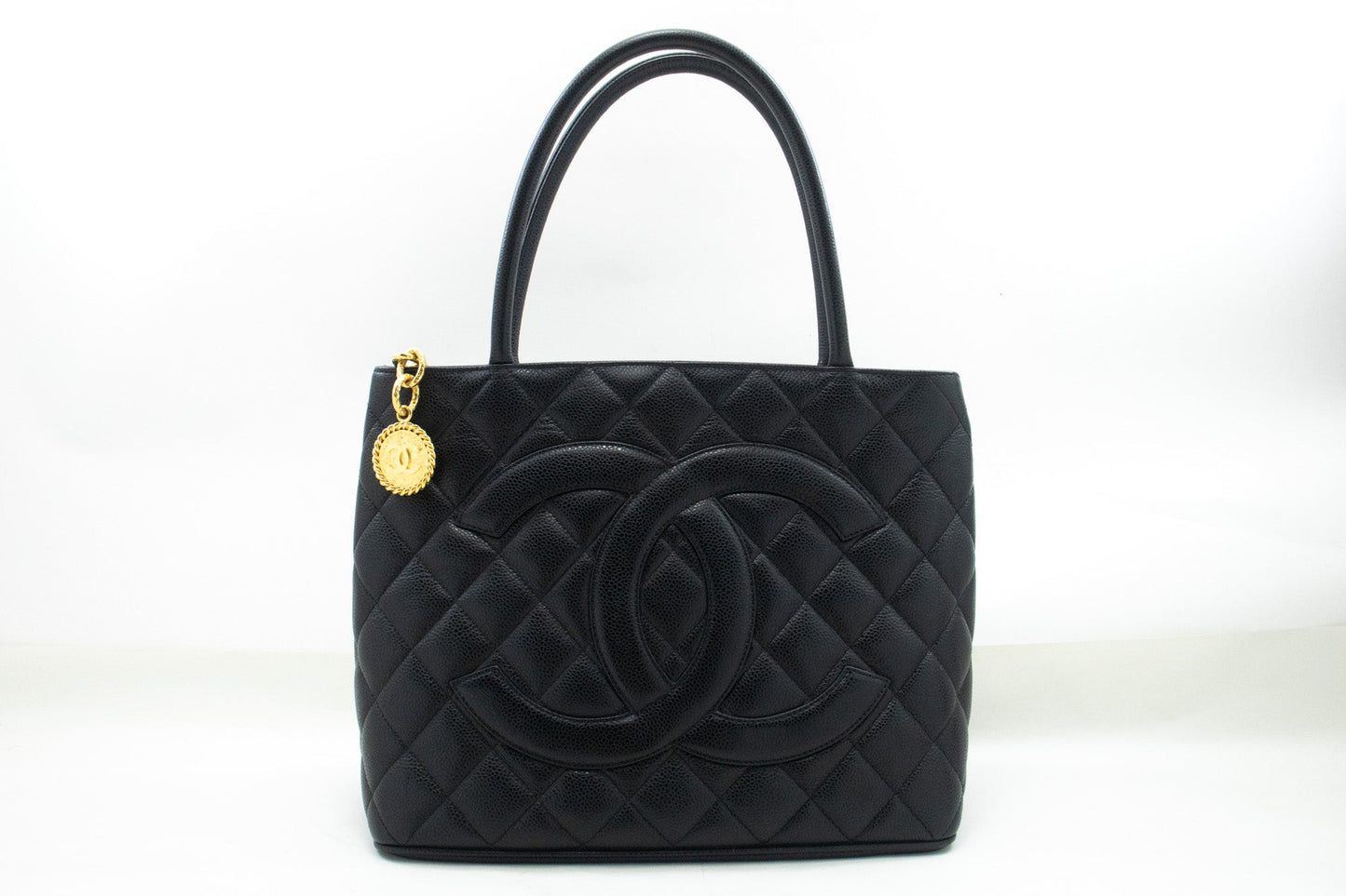 CHANEL Gold Medallion Caviar Shoulder Bag Grand Shopping Tote