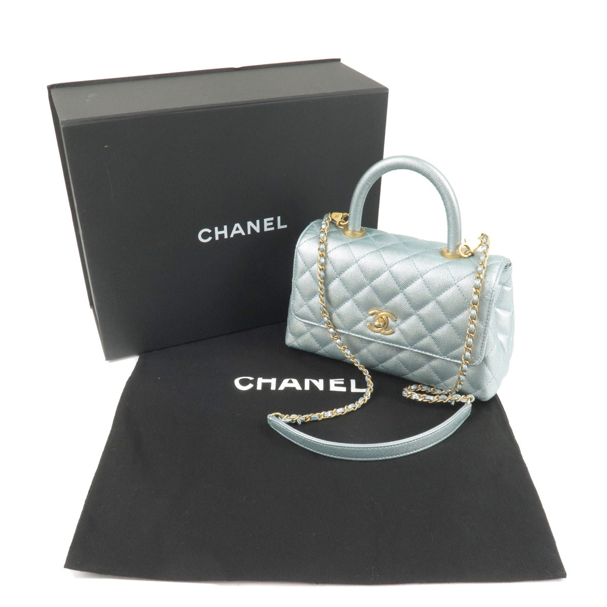 Chanel Matrasse Caviar Skin COCO Handle 2Way Bag Light Blue A92990