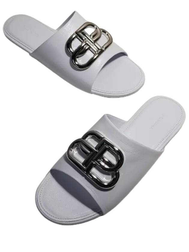 Luxury Balenciaga  Silver BB Logo Slippers White