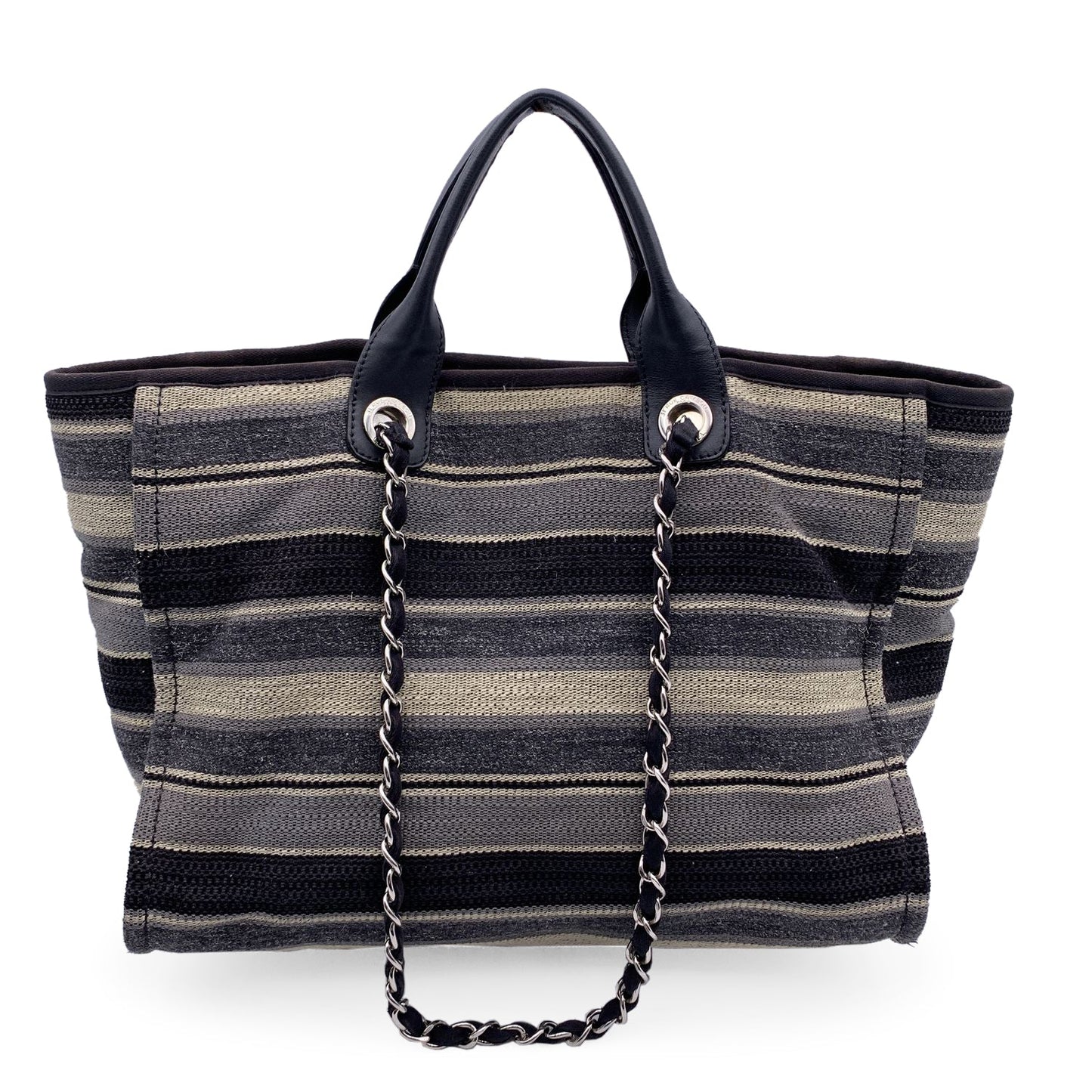 CHANEL Black Grey Striped Canvas Medium Deauville Tote Bag