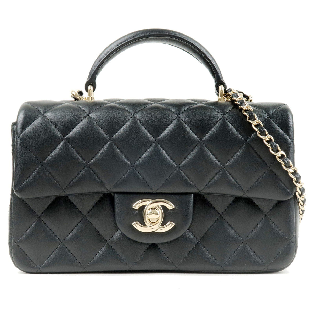 Chanel Matelasse Lamb Skin Top Handle Mini Flap 2way Bag Black