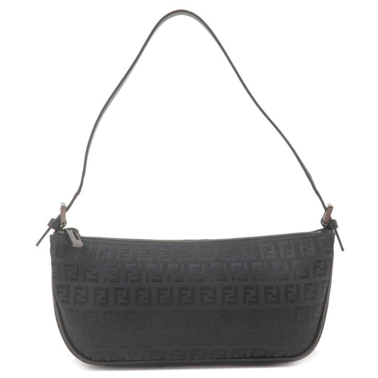 FENDI Zucchino Canvas Leather Shoulder Bag Black 8BR1444