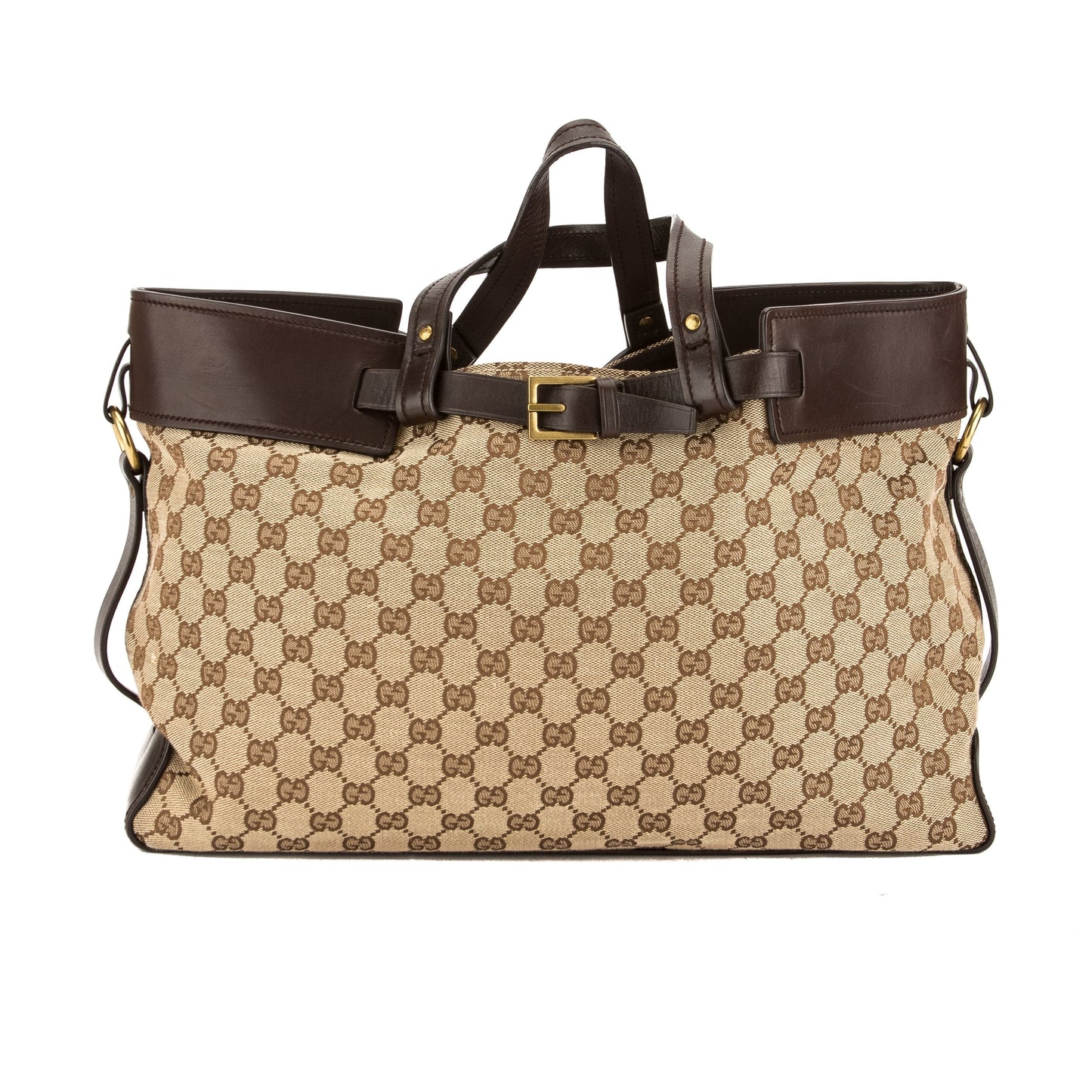 G*G Brown Leather GG Monogram Canvas Tote Bag (Pre Owned)