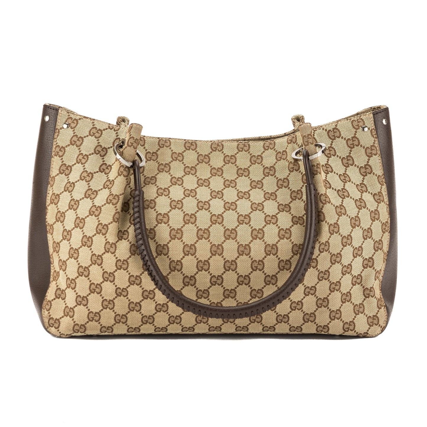 G*G Brown Leather GG Monogram Canvas Tote Bag (Pre Owned)