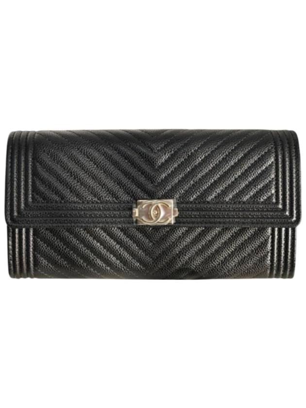 Logo Flap Grained Calfskin Long Wallet Black Chanel