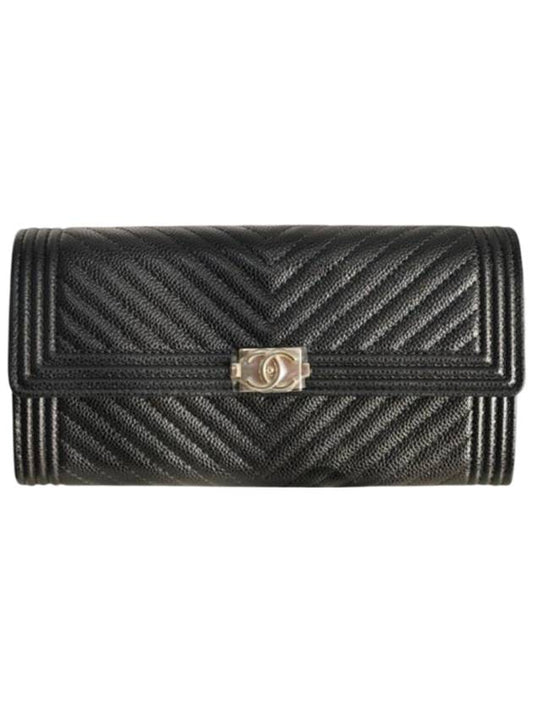 Logo Flap Grained Calfskin Long Wallet Black Chanel