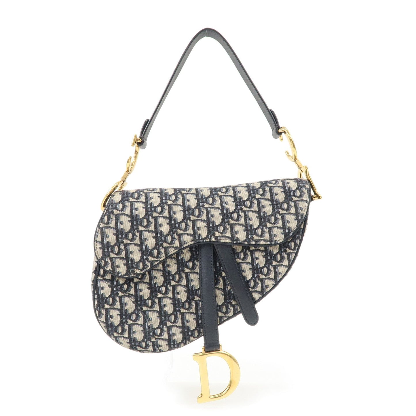 Christian Dior Saddle Bag Trotter Oblique Canvas Leather Navy