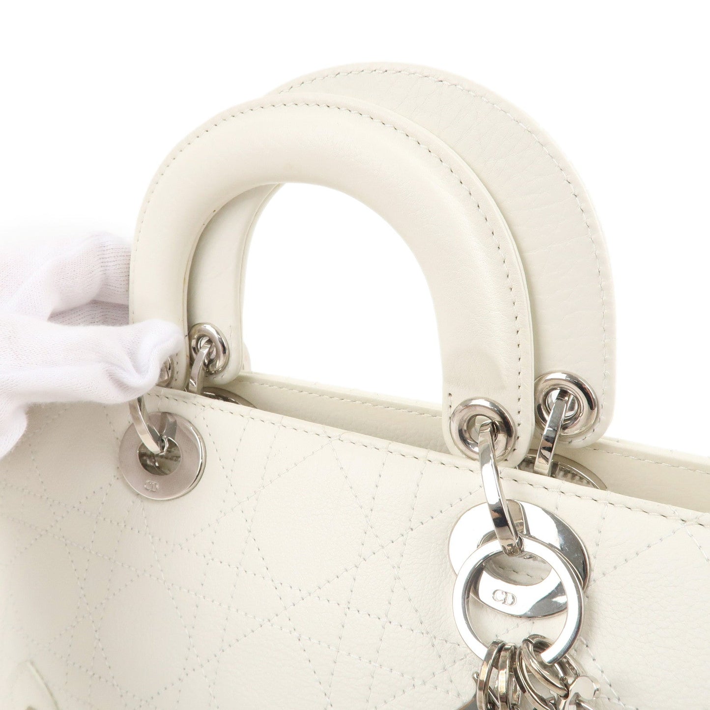 Christian Dior Cannage Leather Hand Bag Small Bag White