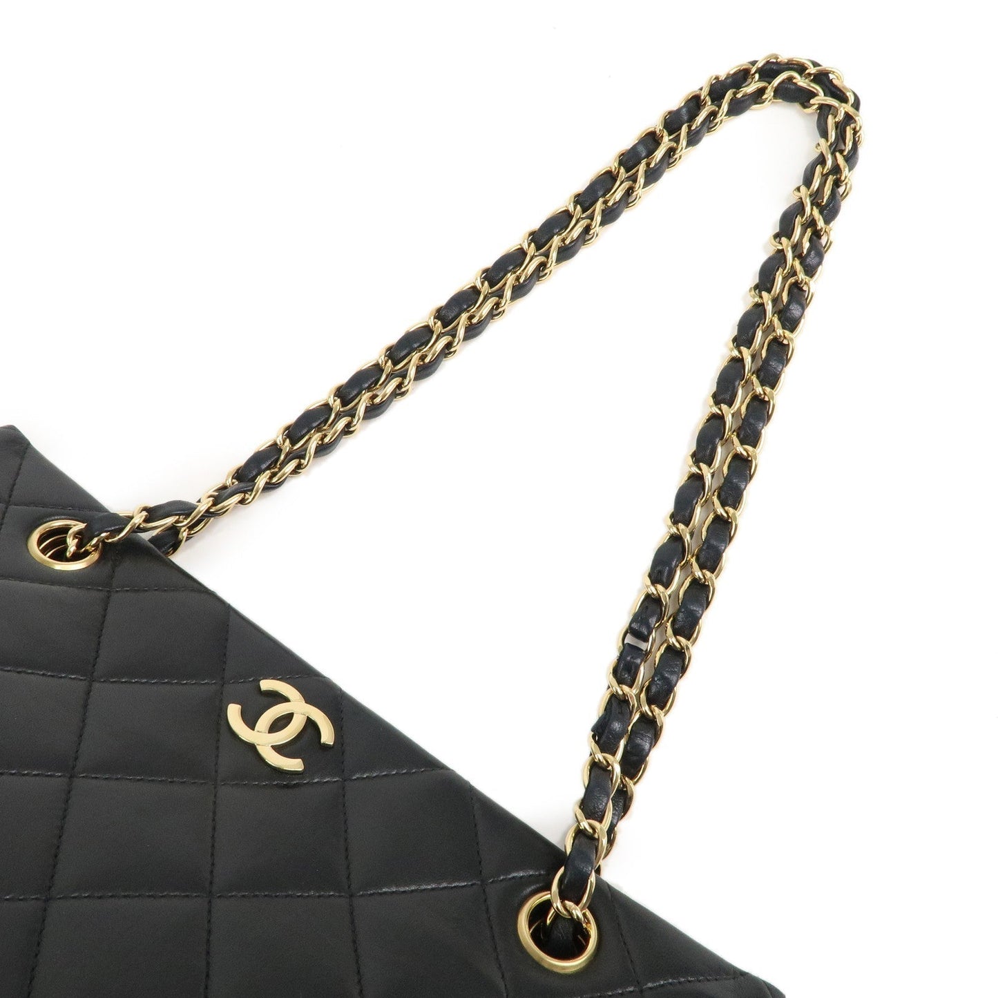 Chanel Matelasse Lamb Skin Chain Tote Bag Black Gold HDW