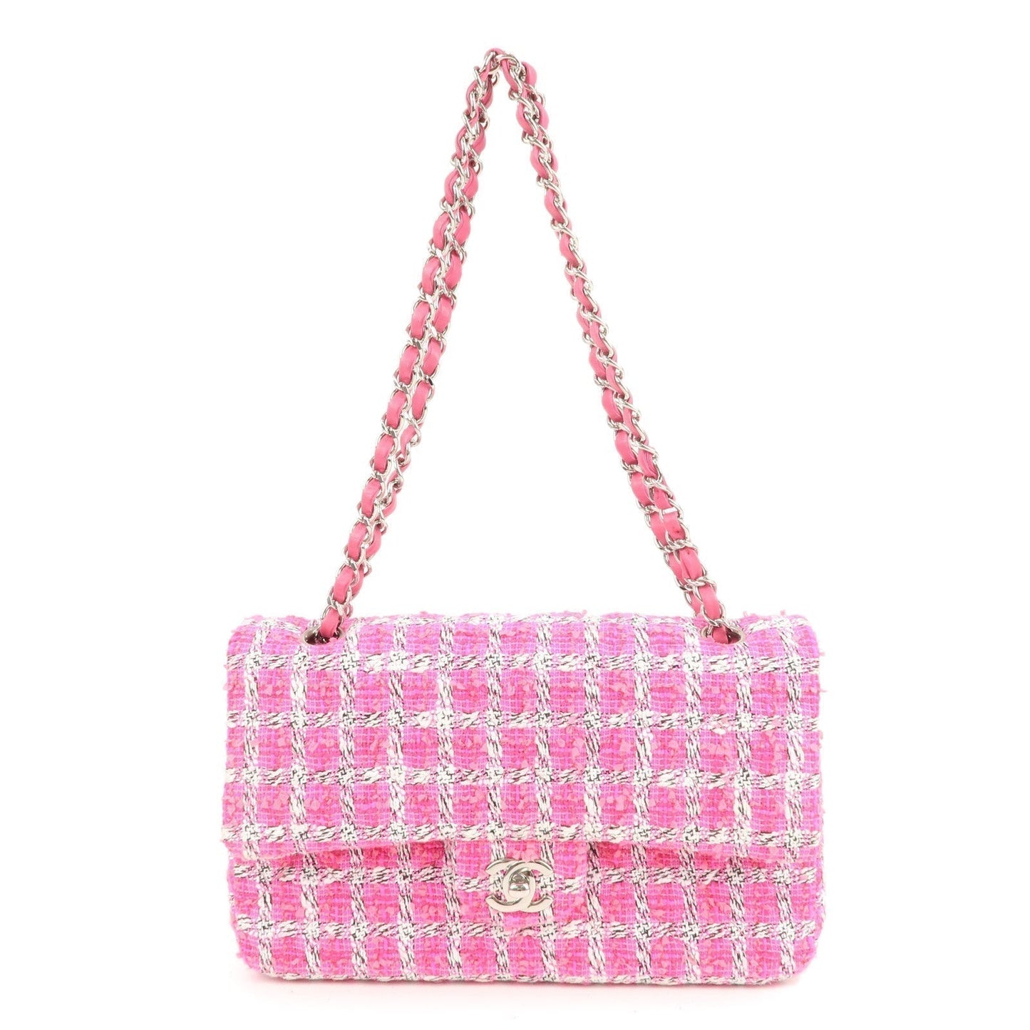 Chanel Matelasse  Tweed Leather Chain W Flap Shoulder Bag Pink