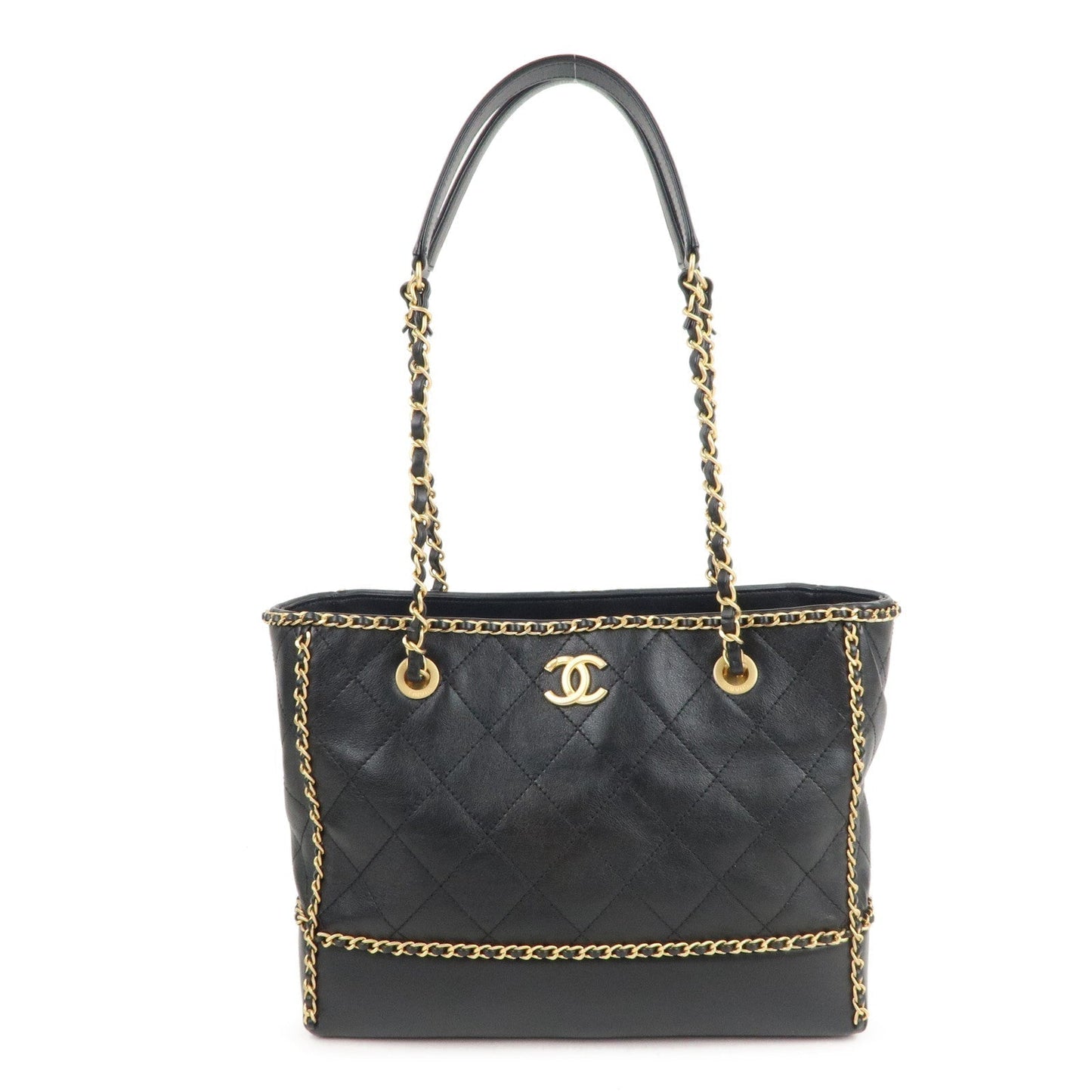 Chanel Matelasse Lamb Skin Chain Around Tote Bag Black AS