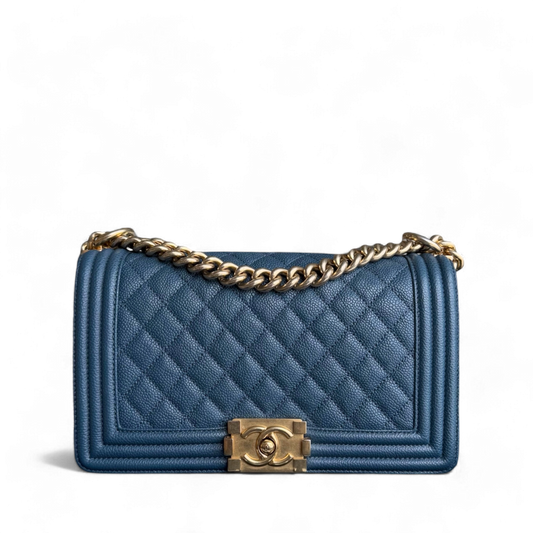 Chanel Boy Medium - Caviar 25CM Quilted Blue Gold Hardware Series 23