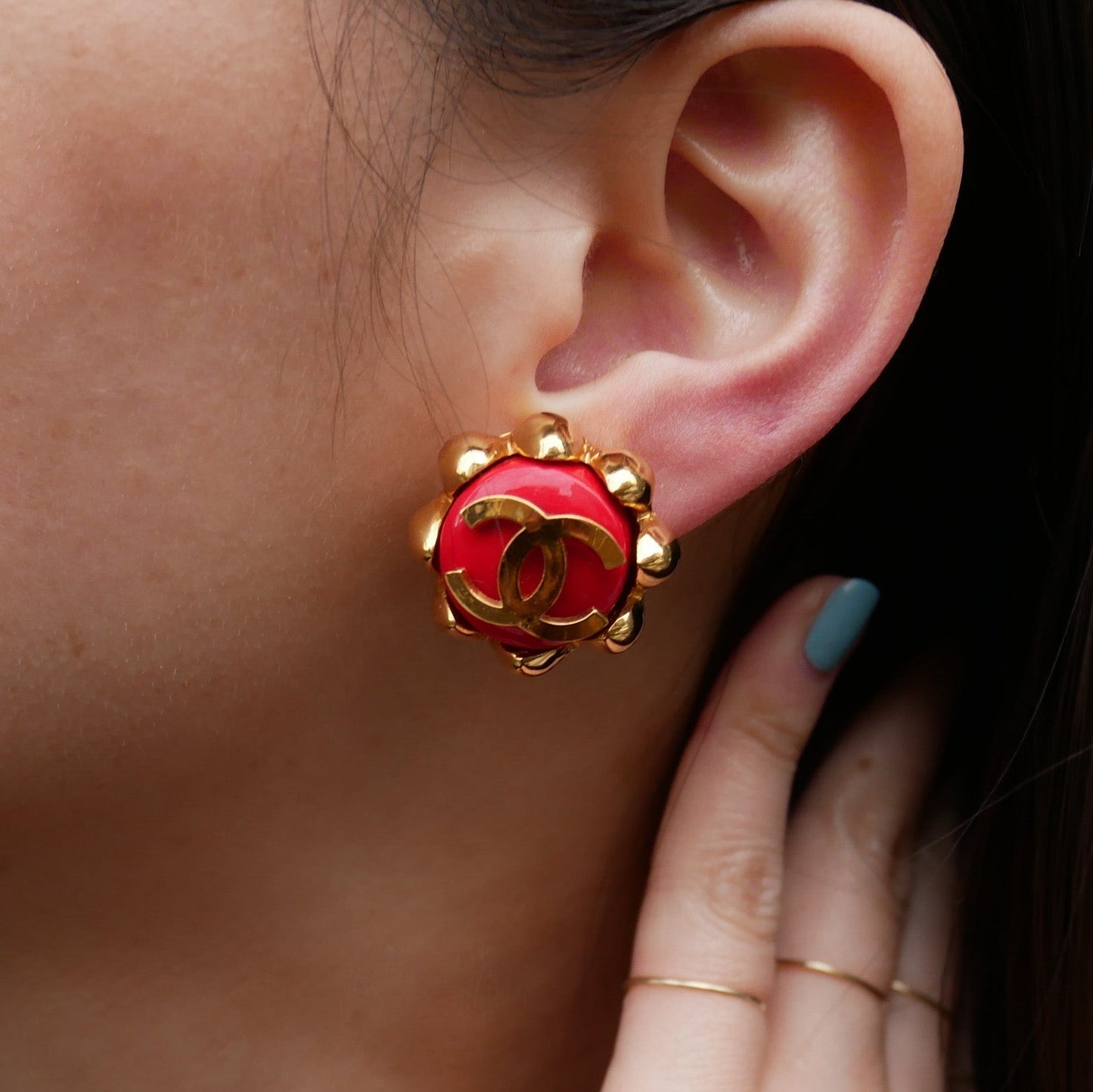 CHANEL 1994 Earrings Red Gold