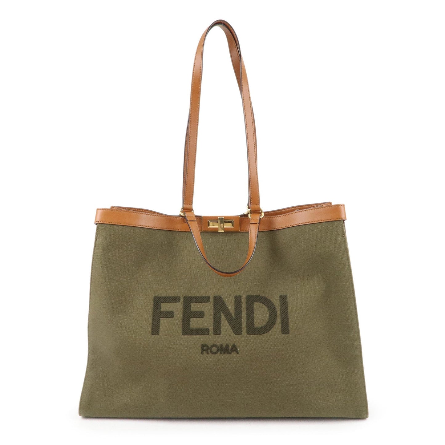 FENDI Peekaboo X Canvas Leather 2Way Tote Bag Khaki Brown 8BH375