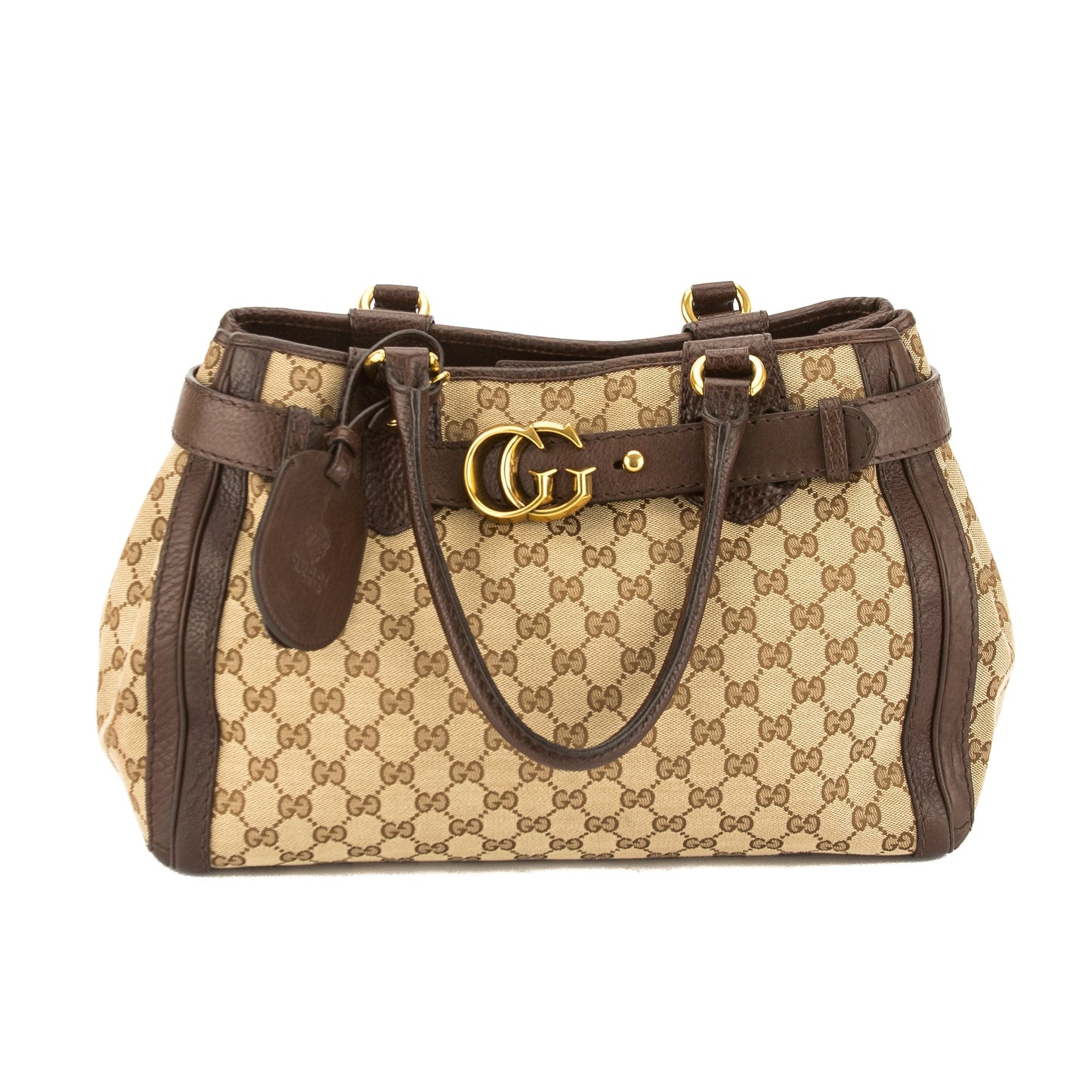 G*G  Brown Leather GG Monogram Canvas Tote Bag (Pre Owned)