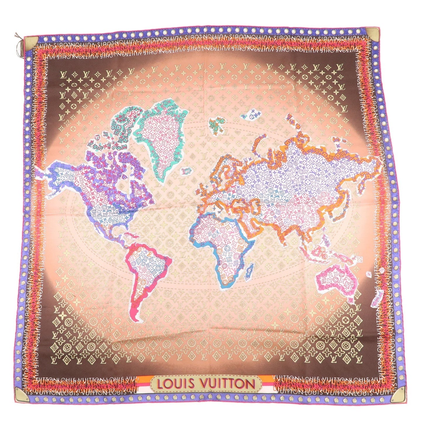 Louis Vuitton Monogram 100% Silk Scarf World Map Brown Pink