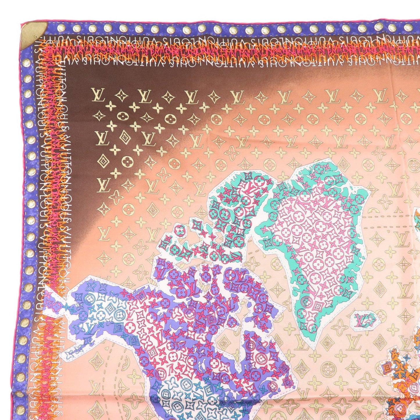 Louis Vuitton Monogram 100% Silk Scarf World Map Brown Pink